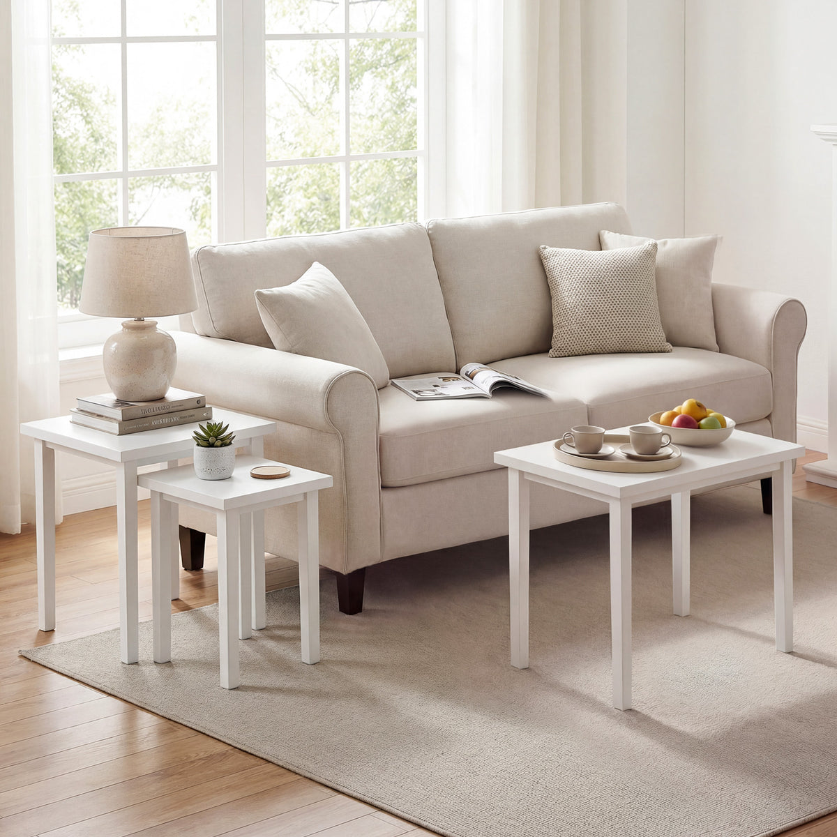 3-Piece Farmhouse Rectangle Side Table Set, White