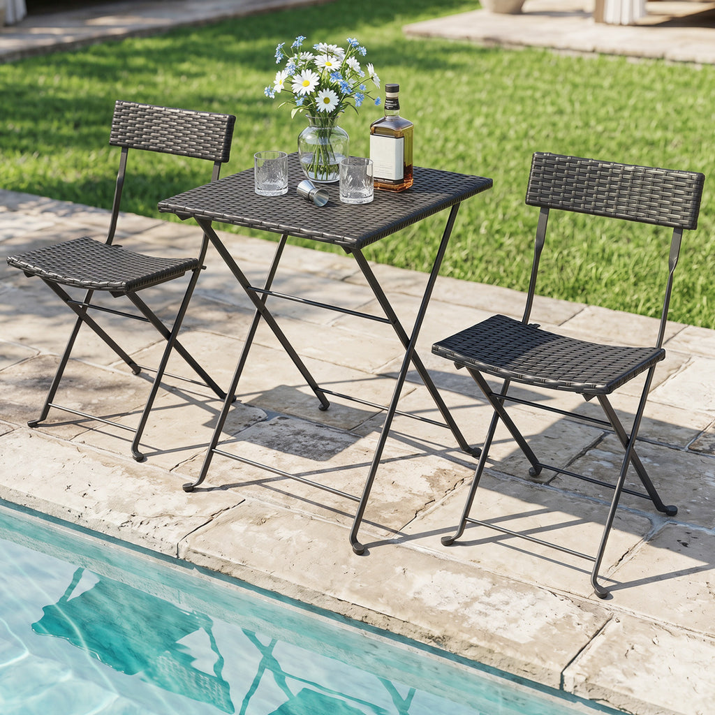 3-Piece Folding Bistro Set with PE Wicker and X-Shaped Metal Frame