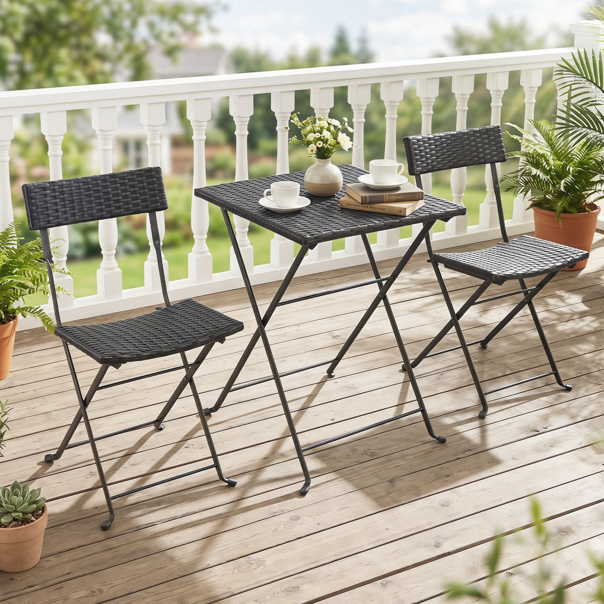 3-Piece Folding Bistro Set with PE Wicker and X-Shaped Metal Frame