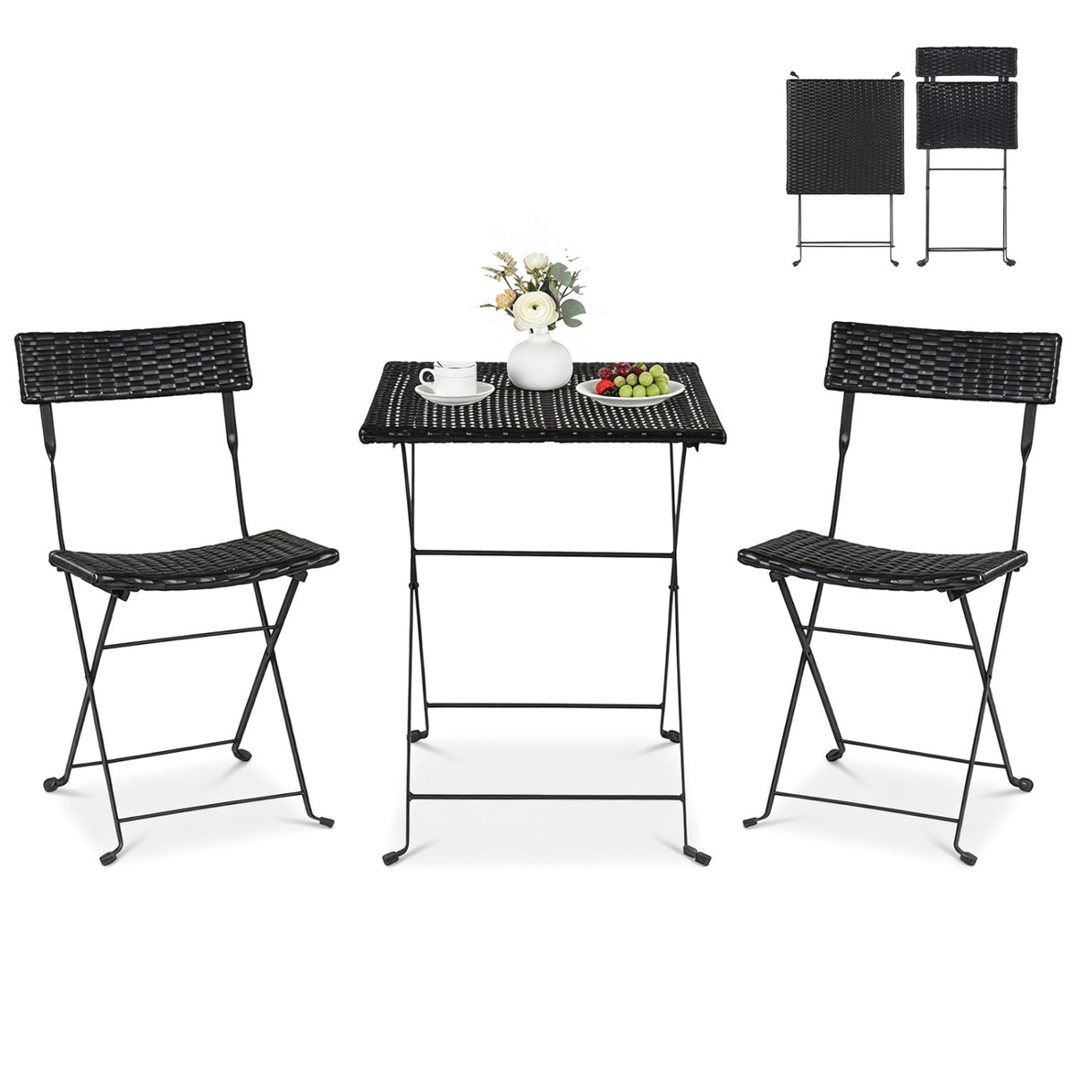3-Piece Folding Bistro Set with PE Wicker and X-Shaped Metal Frame
