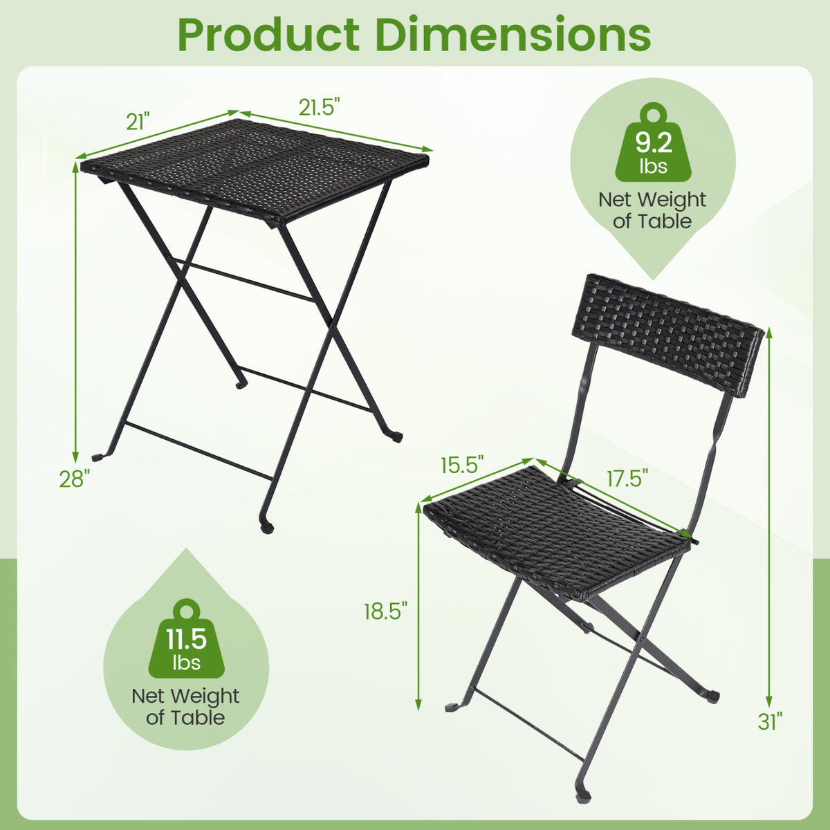 3-Piece Folding Bistro Set with PE Wicker and X-Shaped Metal Frame
