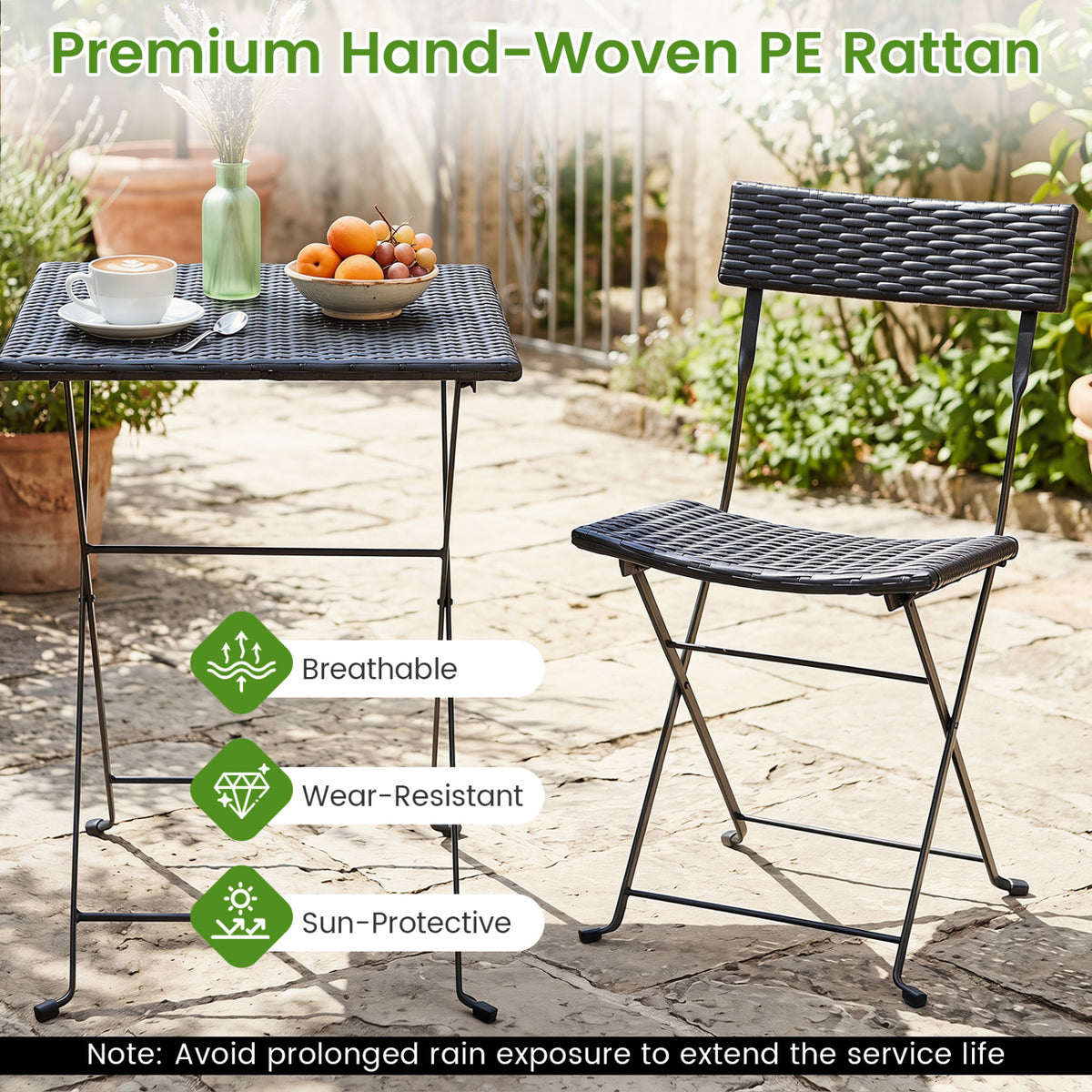 3-Piece Folding Bistro Set with PE Wicker and X-Shaped Metal Frame