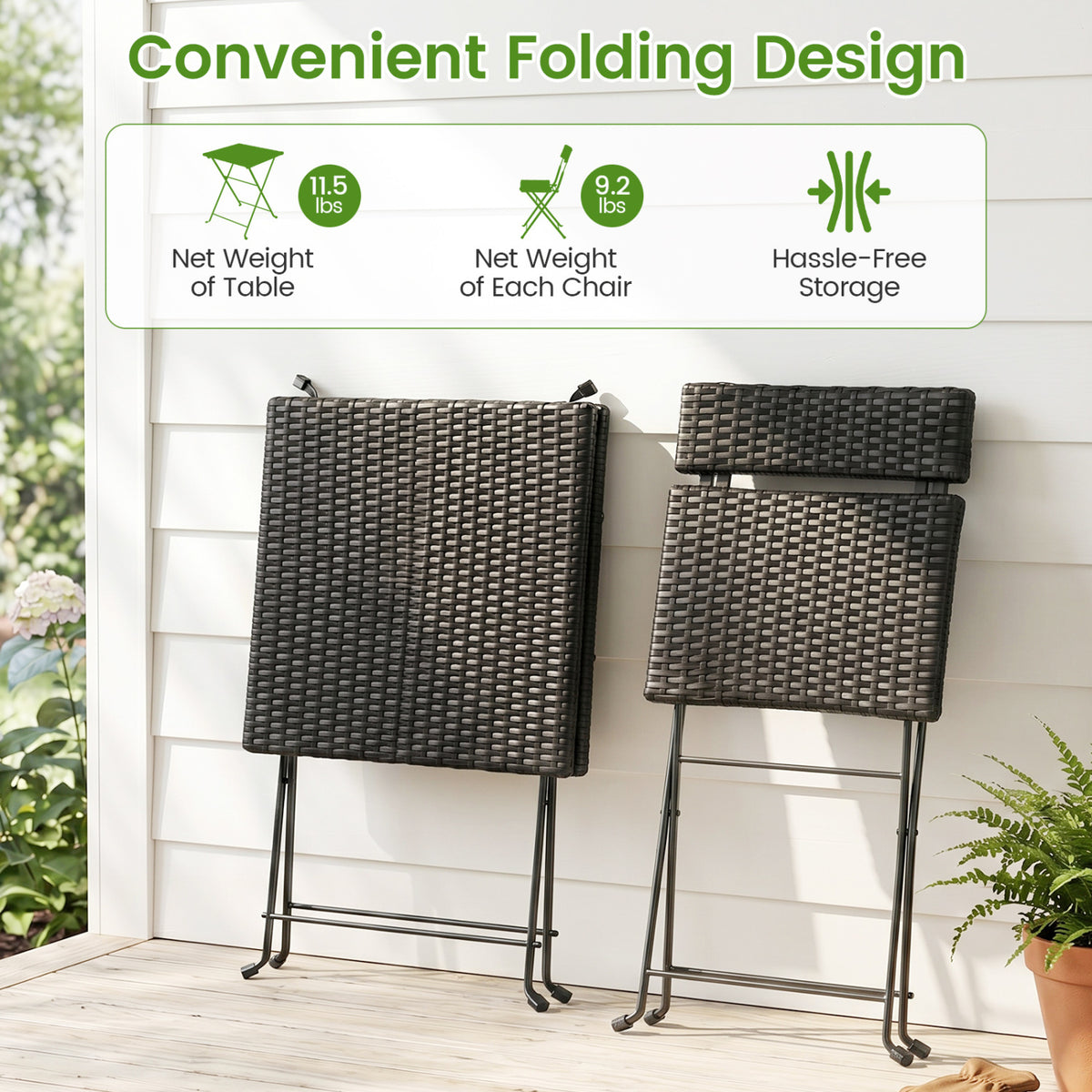 3-Piece Folding Bistro Set with PE Wicker and X-Shaped Metal Frame