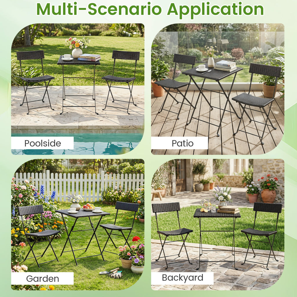 3-Piece Folding Bistro Set with PE Wicker and X-Shaped Metal Frame