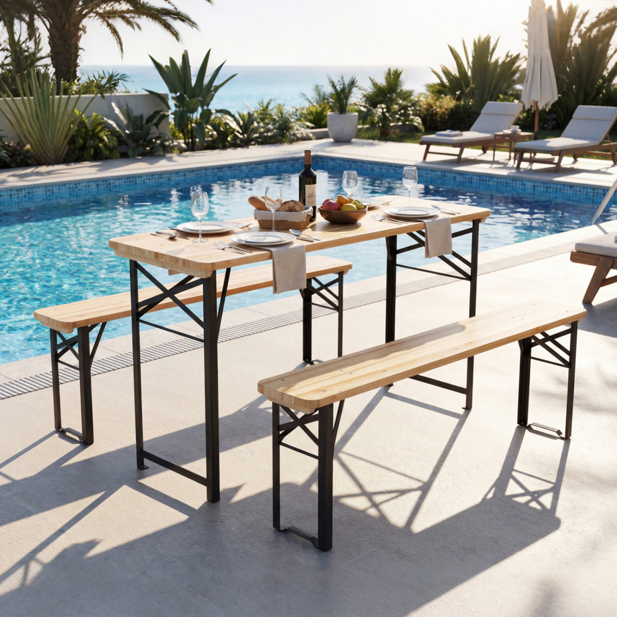 Fir Wood Folding Picnic Table with Benches - Black