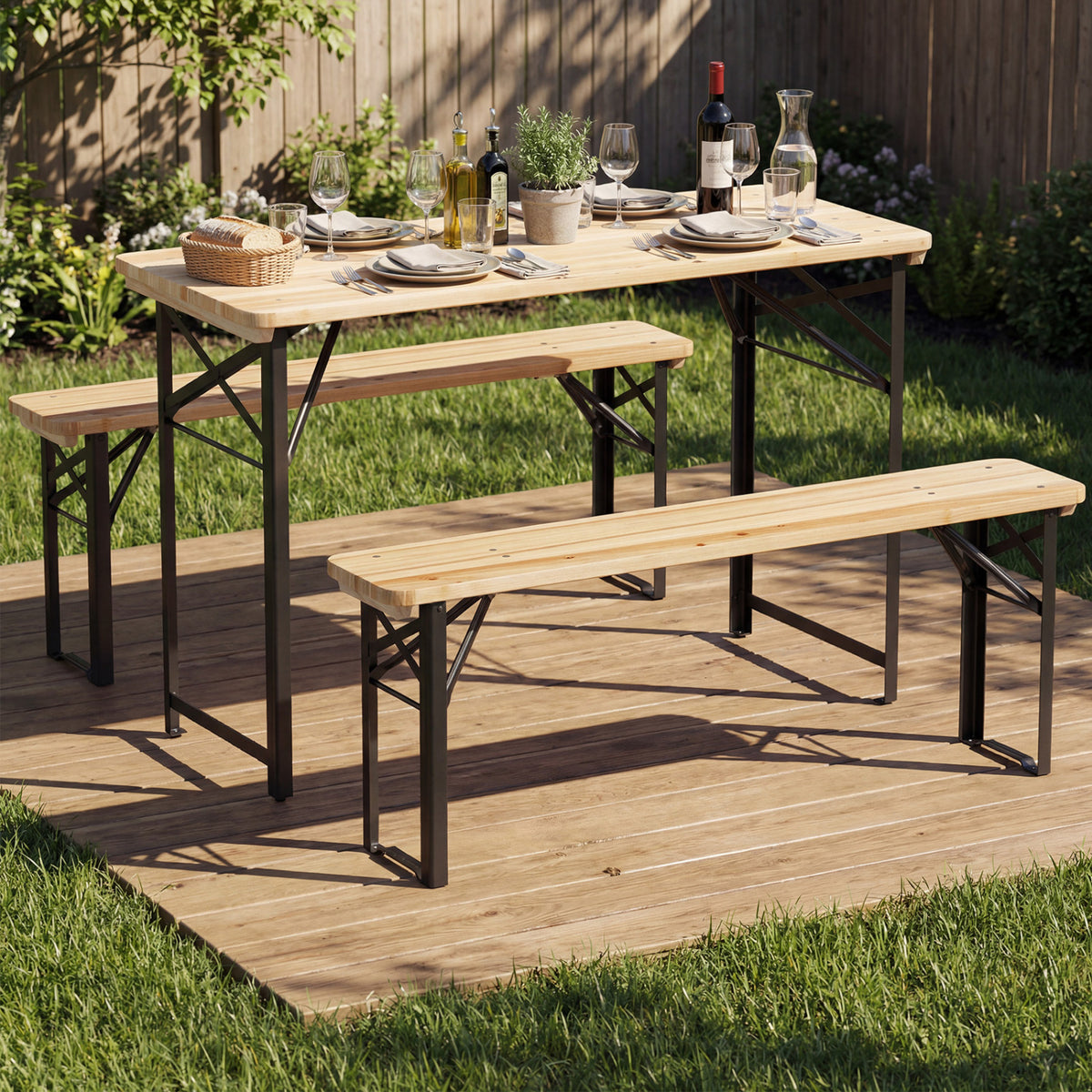 Fir Wood Folding Picnic Table with Benches - Black