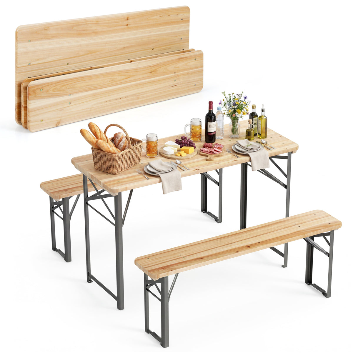 Fir Wood Folding Picnic Table with Benches - Black