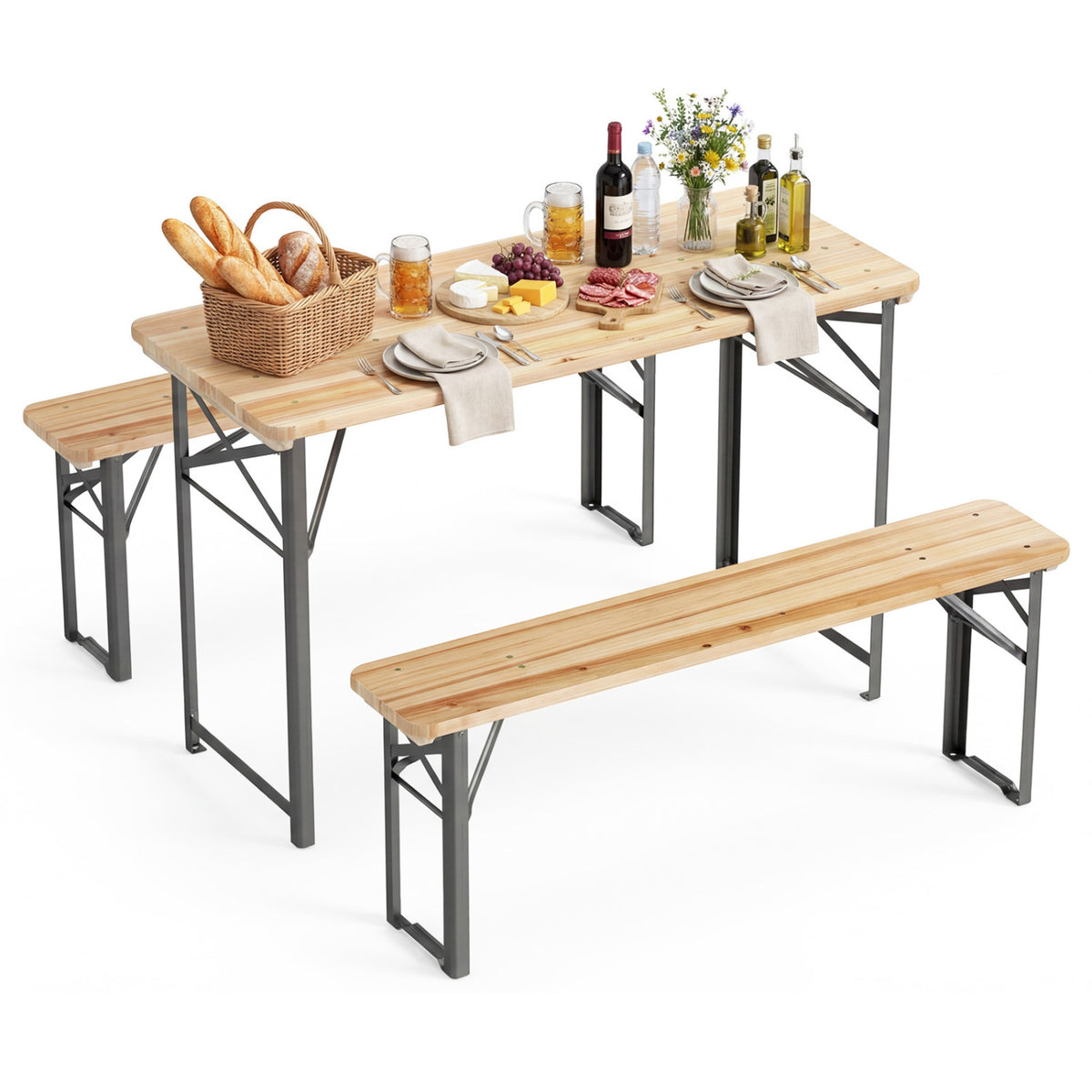 Fir Wood Folding Picnic Table with Benches - Black