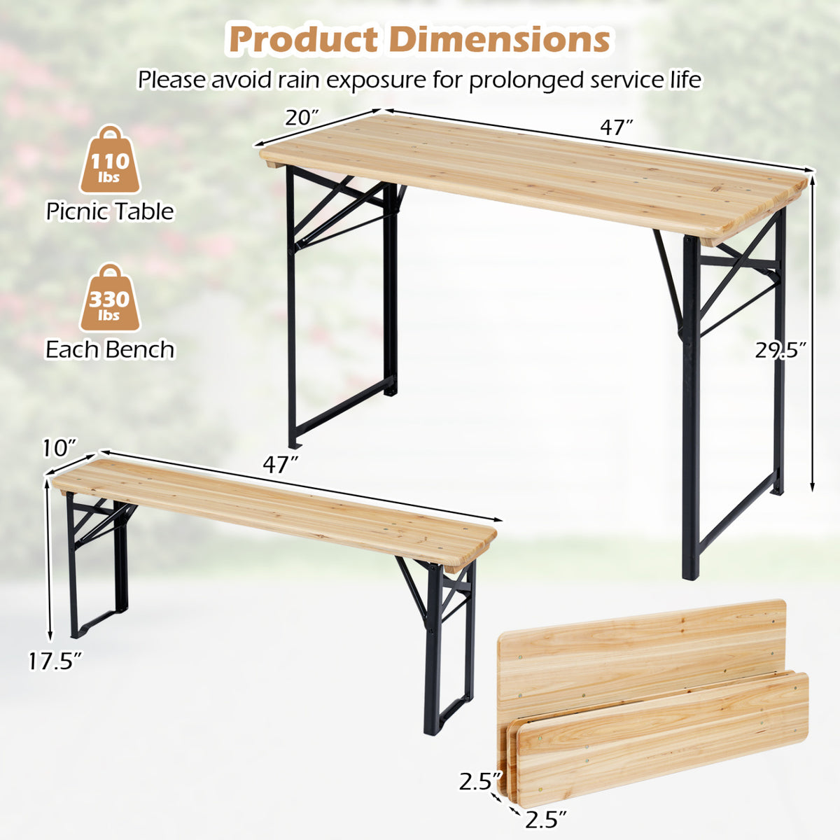 Fir Wood Folding Picnic Table with Benches - Black