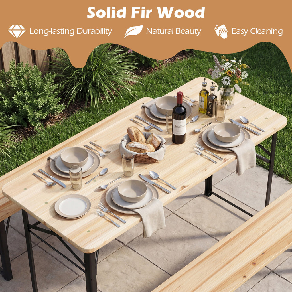 Fir Wood Folding Picnic Table with Benches - Black