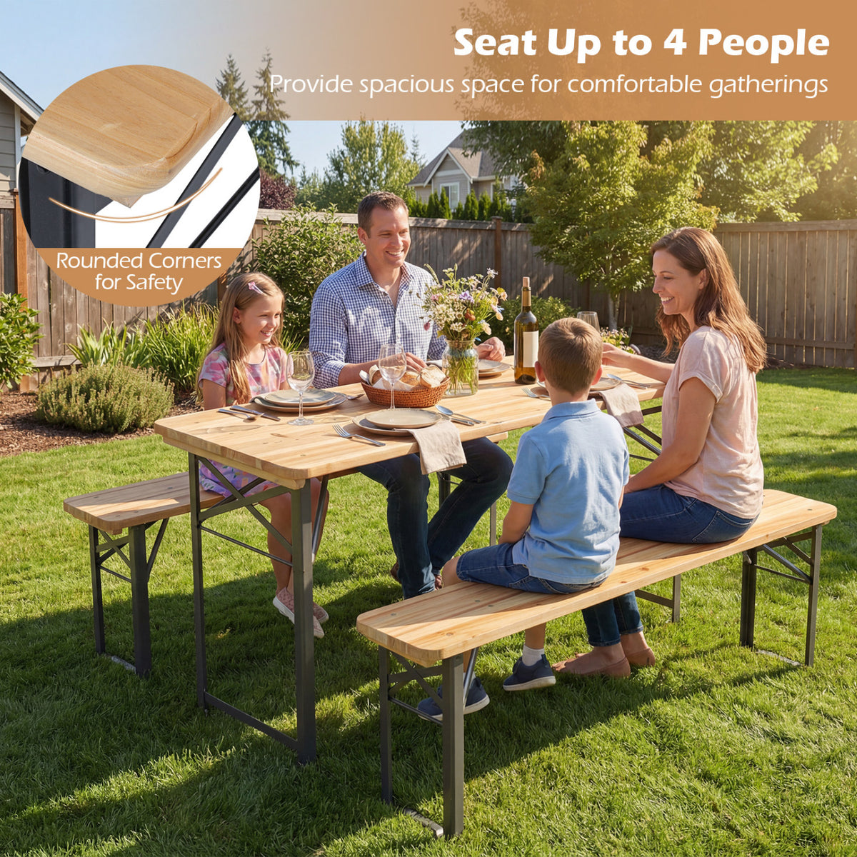 Fir Wood Folding Picnic Table with Benches - Black