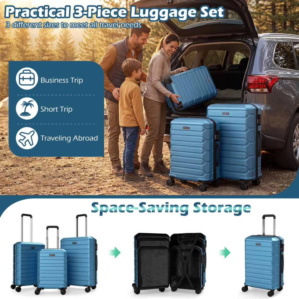 3-Piece Hardside Luggage Set Lightweight Suitcases with 8-Spinner