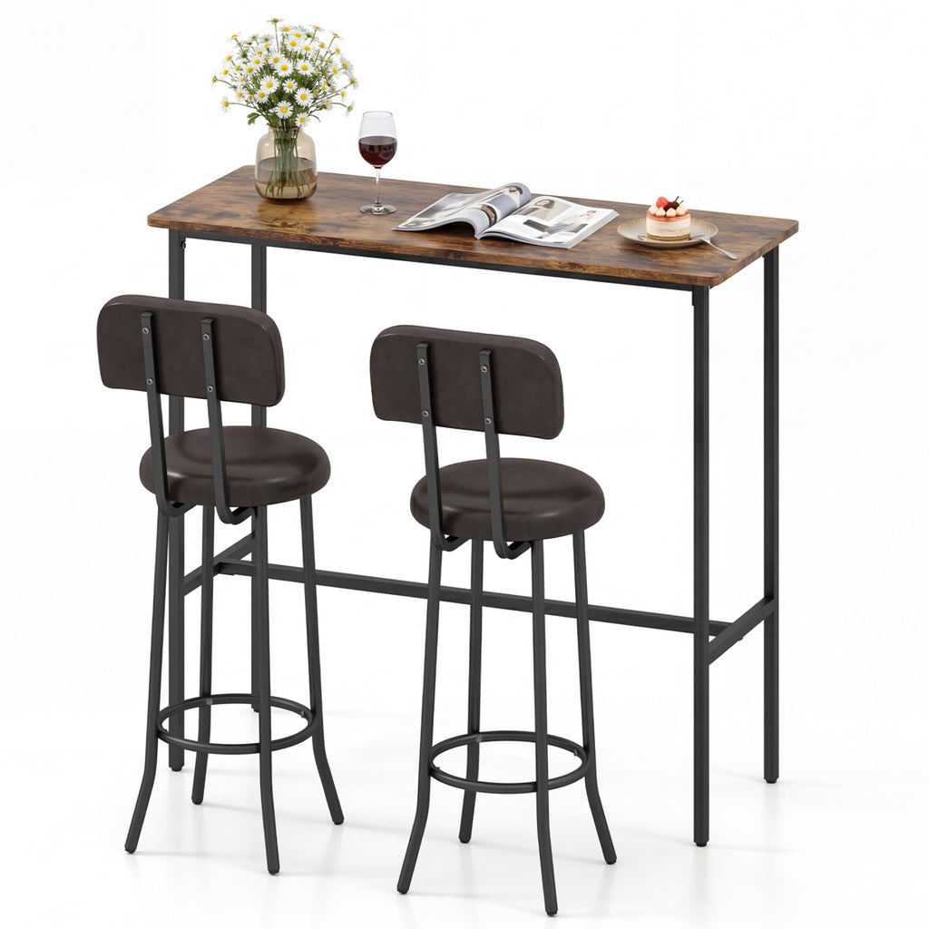 Industrial Bar Table Set with 2 Upholstered Stools - Rustic Brown