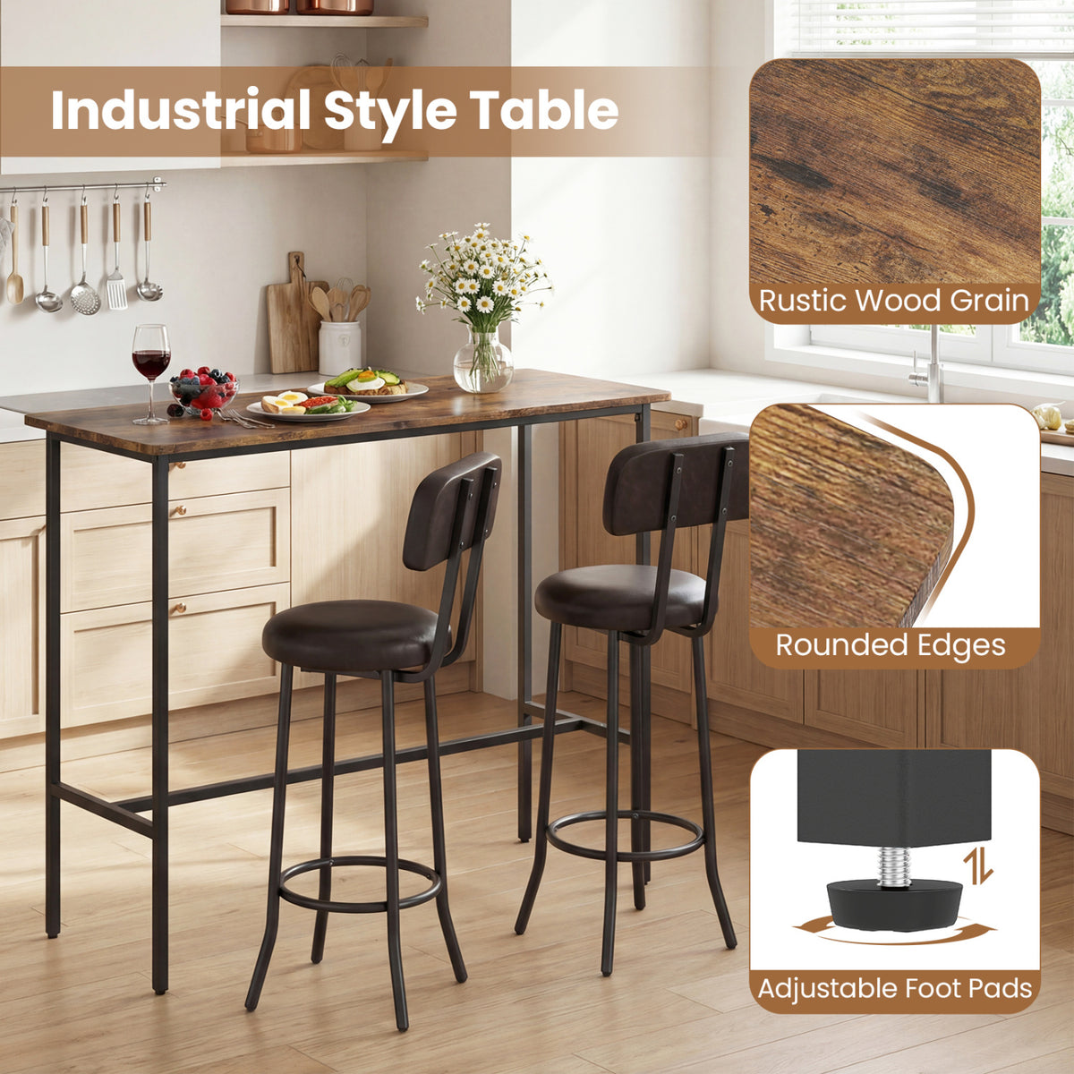 Industrial Bar Table Set with 2 Upholstered Stools - Rustic Brown