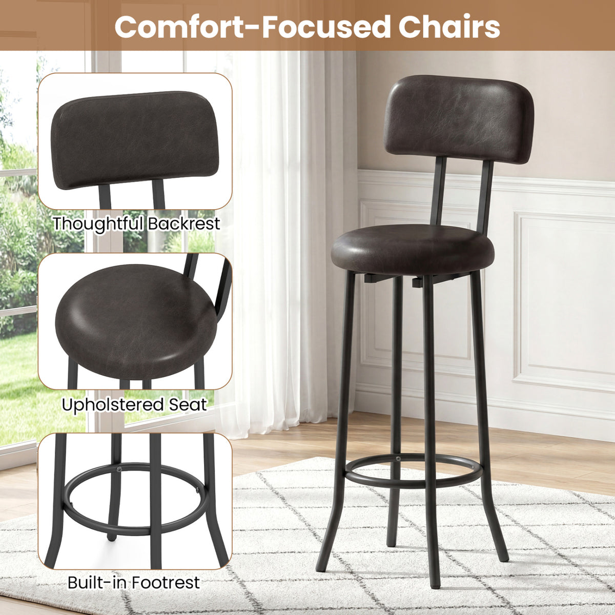 Industrial Bar Table Set with 2 Upholstered Stools - Rustic Brown