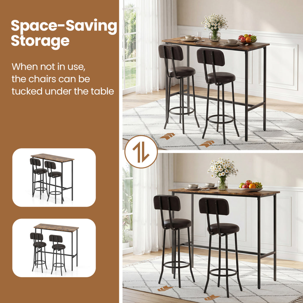 Industrial Bar Table Set with 2 Upholstered Stools - Rustic Brown