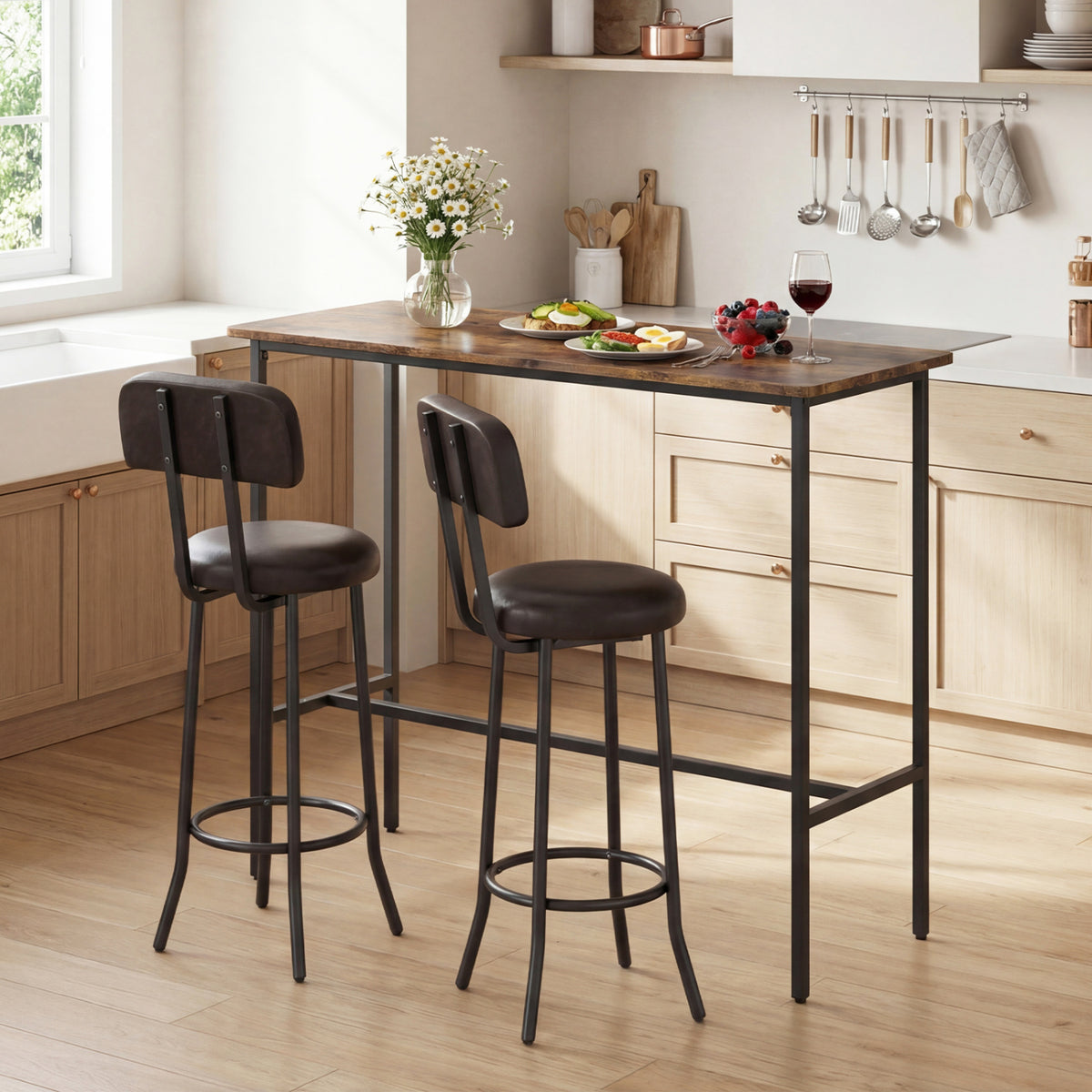 Industrial Bar Table Set with 2 Upholstered Stools - Rustic Brown