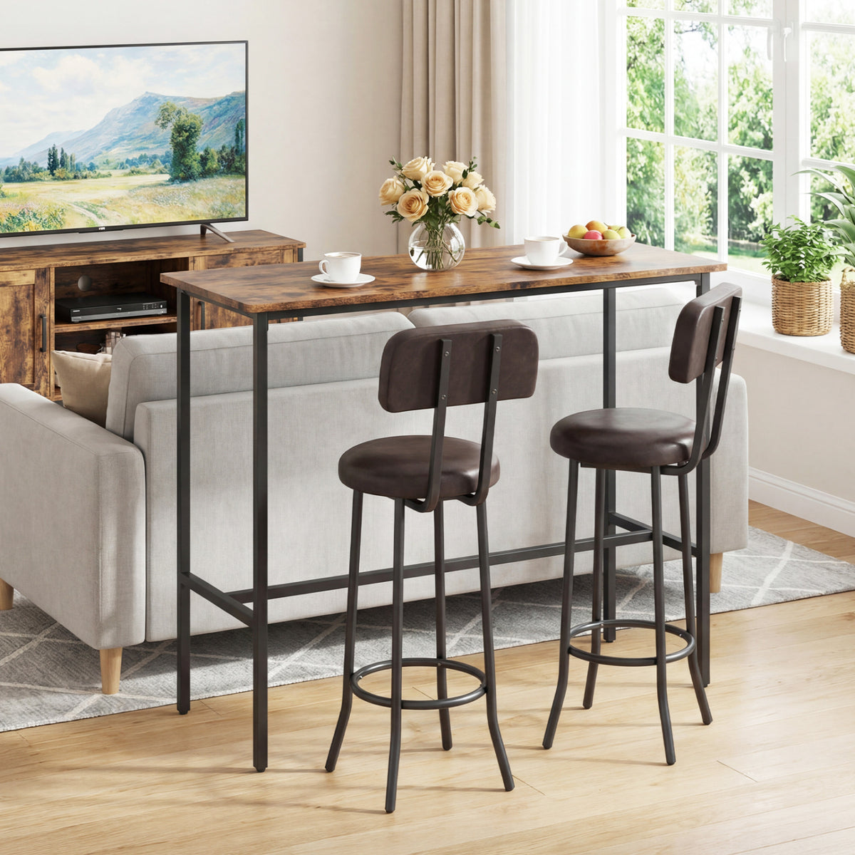 Industrial Bar Table Set with 2 Upholstered Stools - Rustic Brown