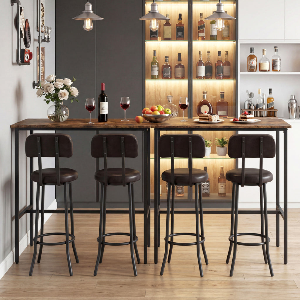 Industrial Bar Table Set with 2 Upholstered Stools - Rustic Brown