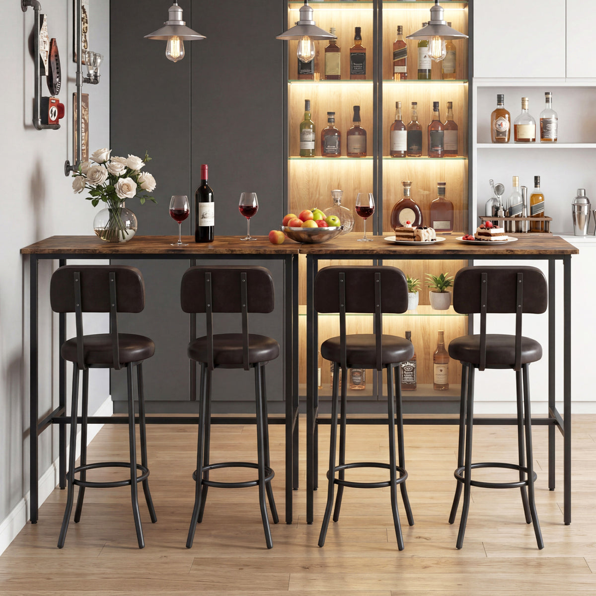 Industrial Bar Table Set with 2 Upholstered Stools - Rustic Brown