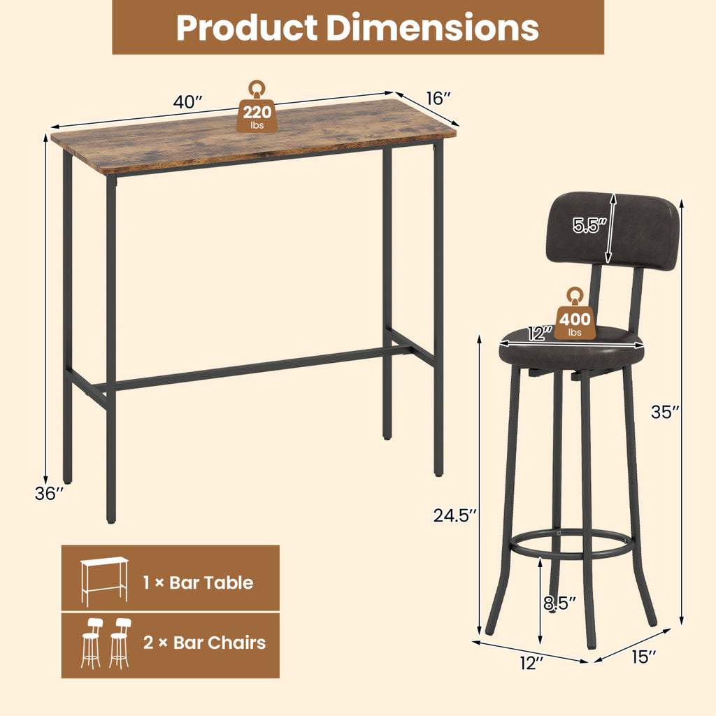 Industrial Bar Table Set with 2 Upholstered Stools - Rustic Brown