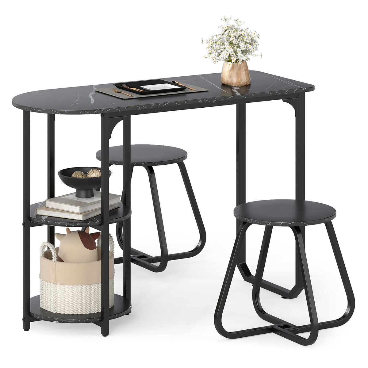 Industrial Dining Table Set with 2 Stools – Black