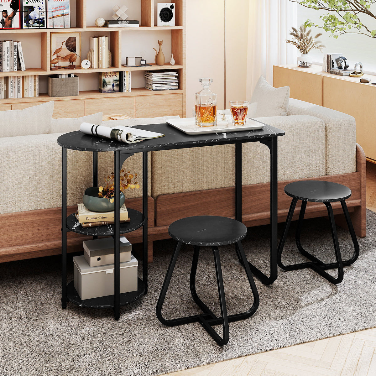 Industrial Dining Table Set with 2 Stools – Black
