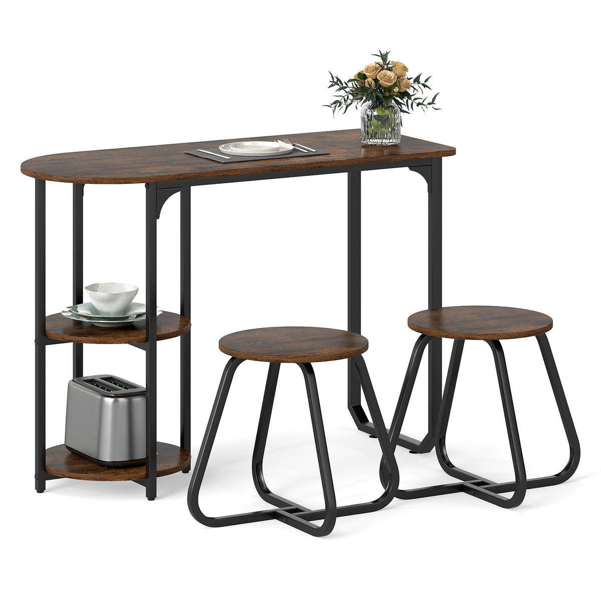 Industrial Dining Table Set with 2 Stools – Black