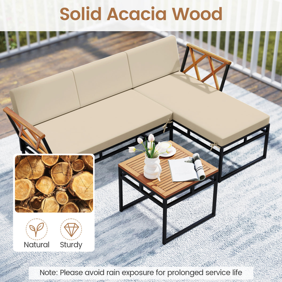 3-Piece L-Shaped Patio Furniture Set, Beige