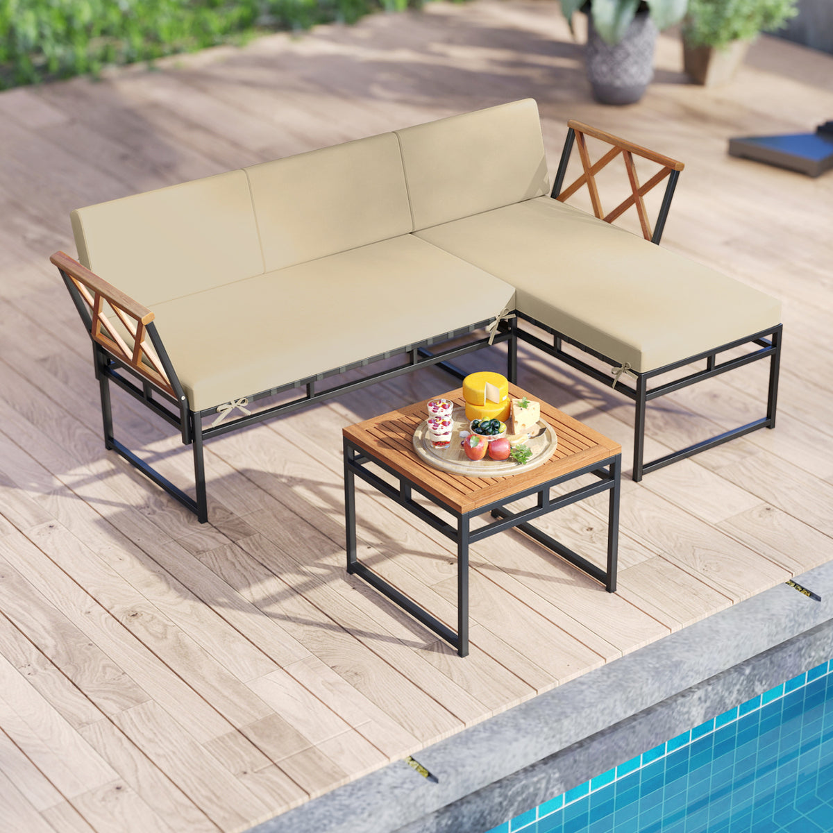 3-Piece L-Shaped Patio Furniture Set, Beige