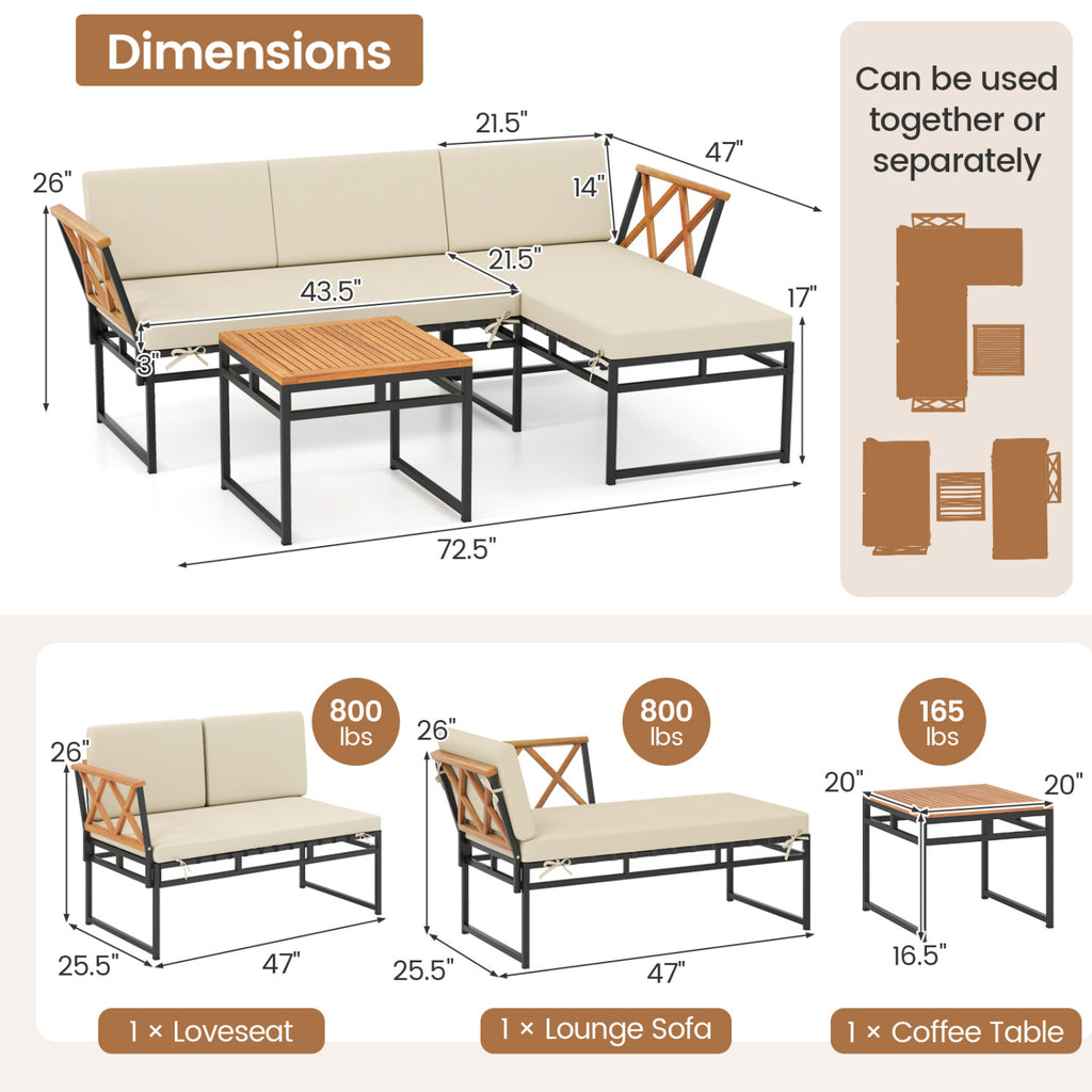 3-Piece L-Shaped Patio Furniture Set, Beige