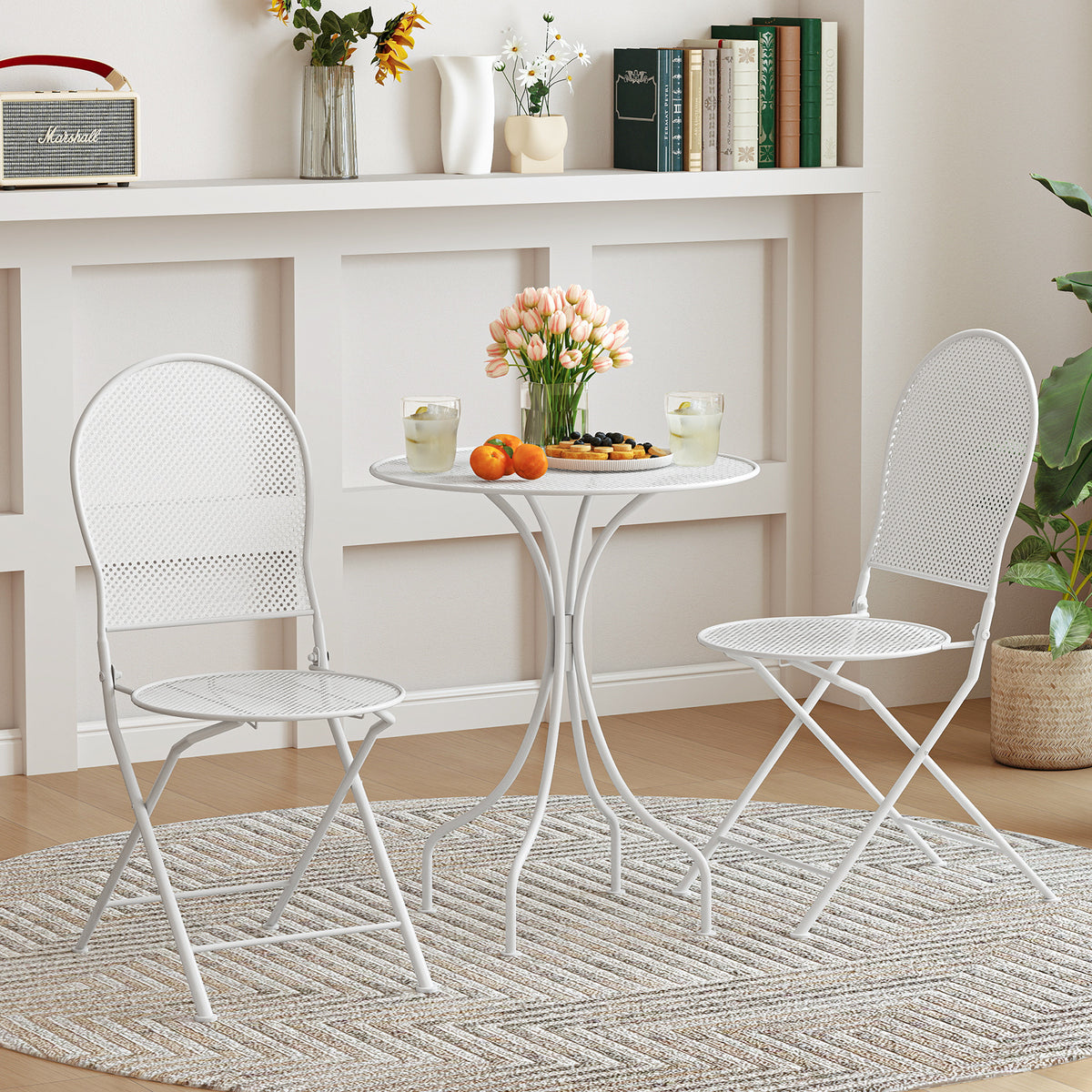 3-Piece Bistro Patio Set with Round Table & Folding Chairs - White