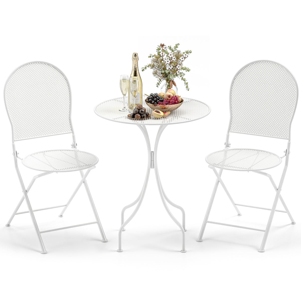 3-Piece Bistro Patio Set with Round Table & Folding Chairs - White