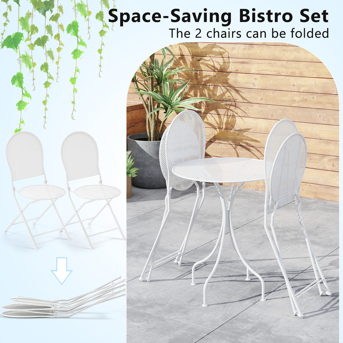 3 Piece Metal Bistro Patio Round Table and 2 Folding Chairs Set