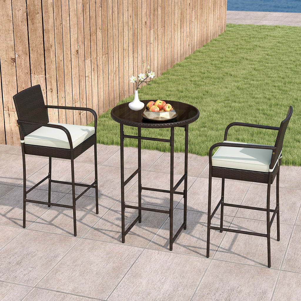 3 Piece Outdoor Bar Set with Cushions, White - Style 1