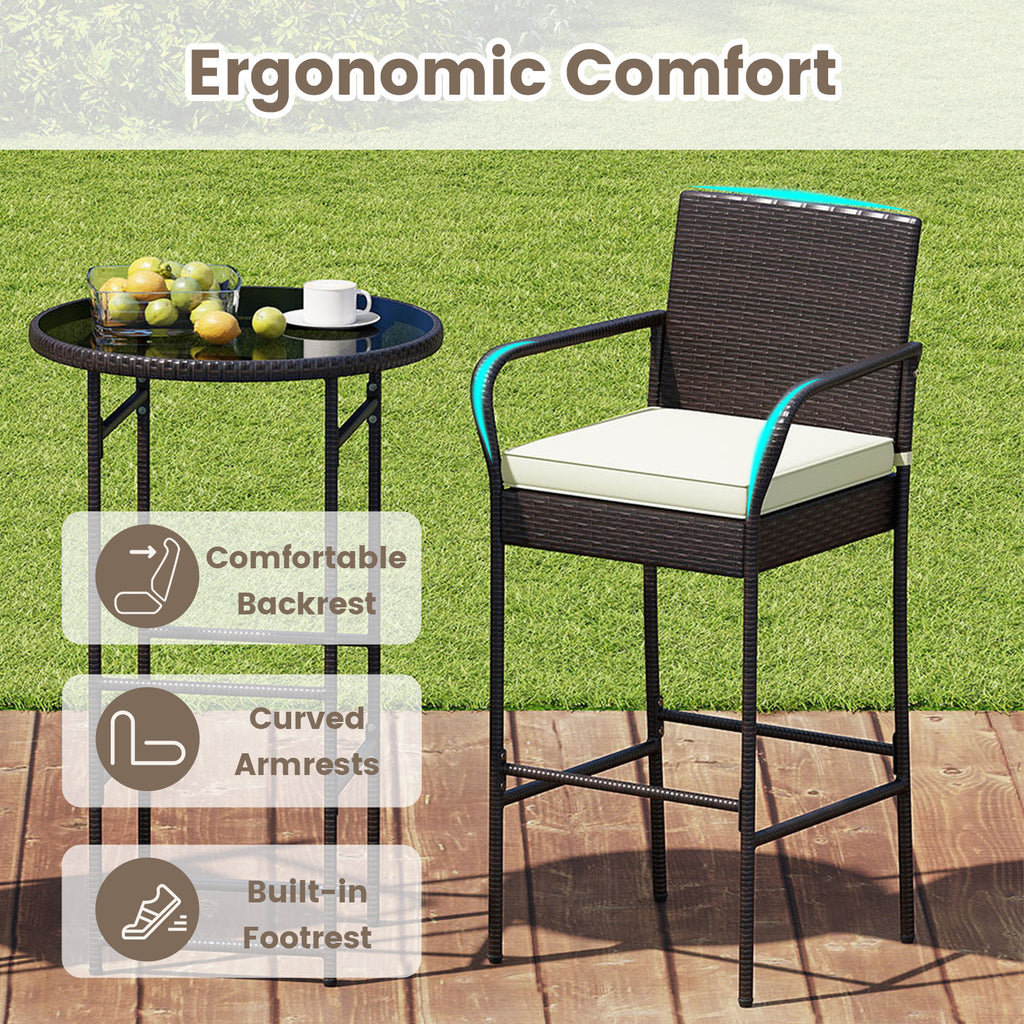 3 Piece Outdoor Bar Set with Cushions, White - Style 1