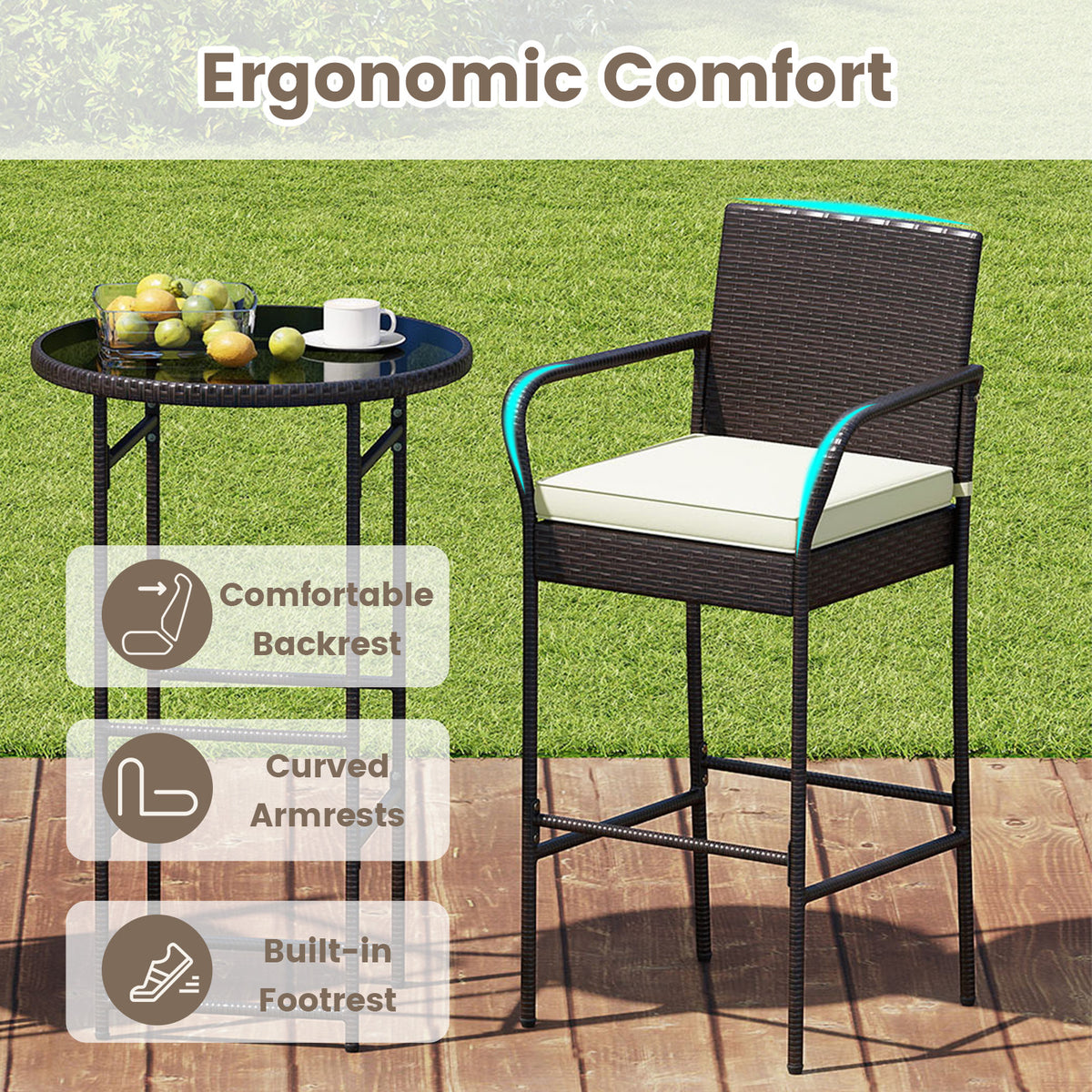 3 Piece Outdoor Bar Set with Cushions, White - Style 1