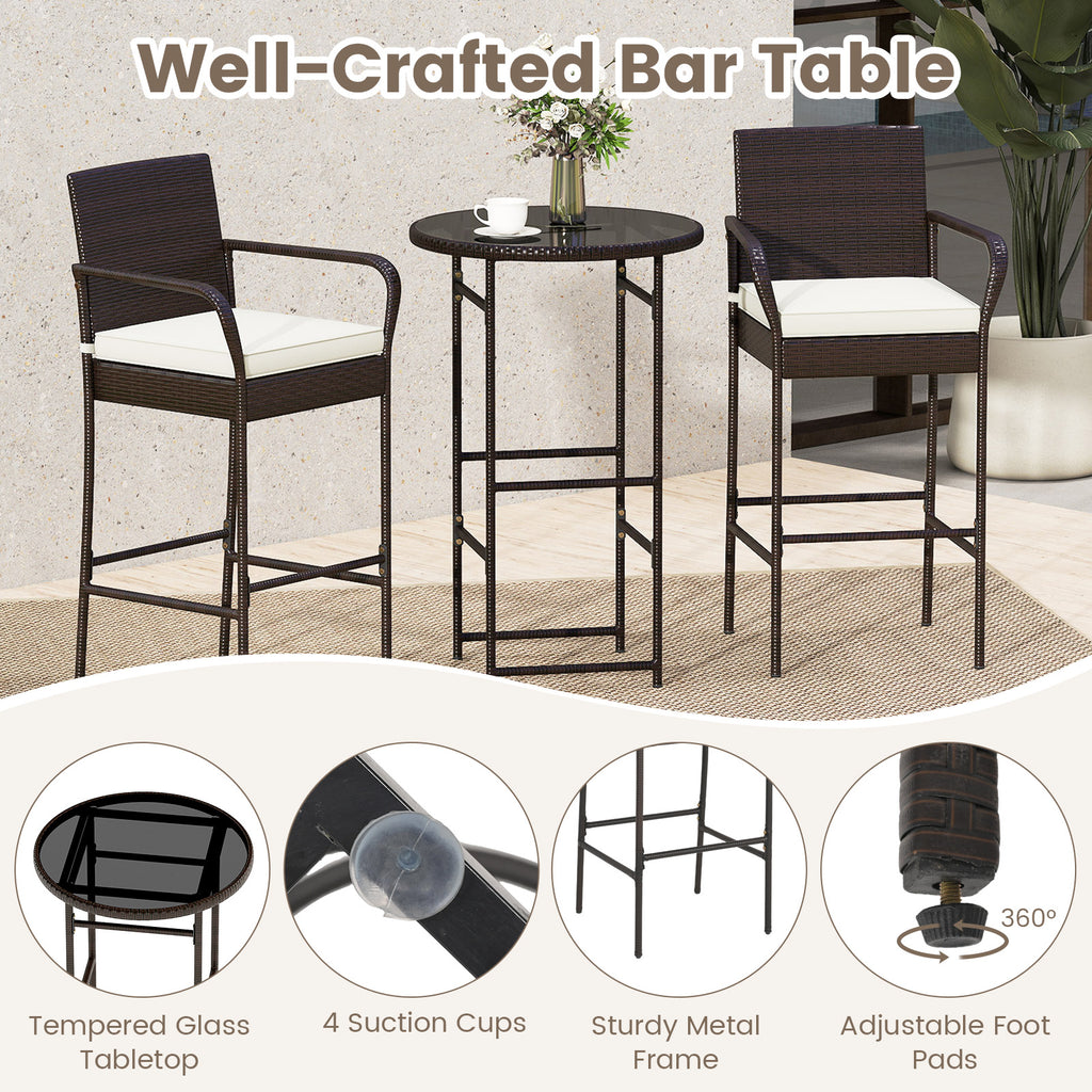 3 Piece Outdoor Bar Set with Cushions, White - Style 1