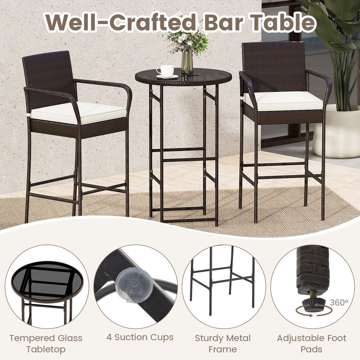 3 Piece Outdoor Bar Set with Cushions, White - Style 1