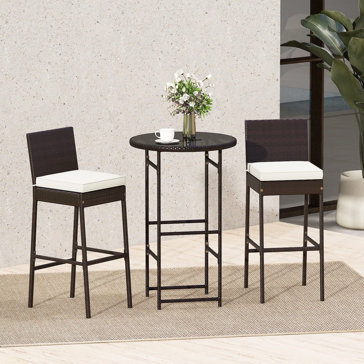 3 Piece PE Wicker Patio Bar Set with Stools – White