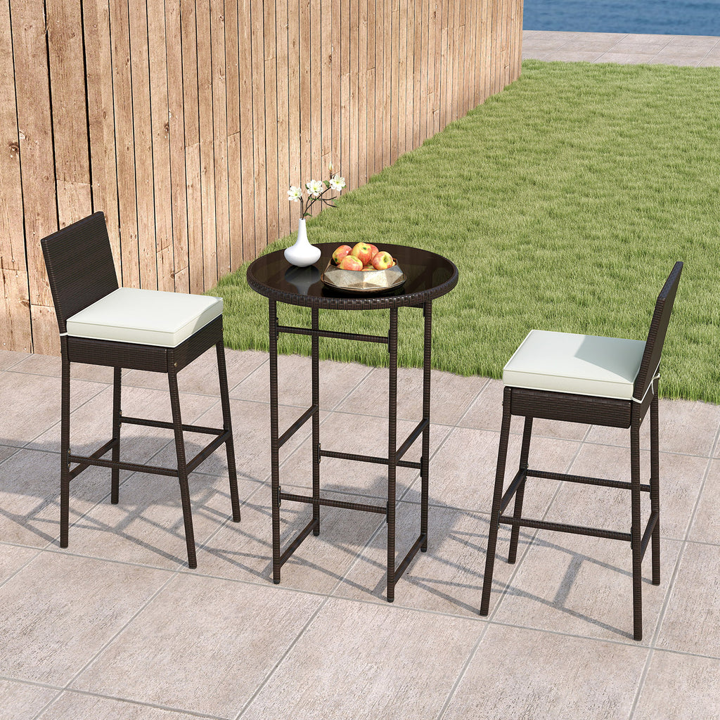 3 Piece PE Wicker Patio Bar Set with Stools – White