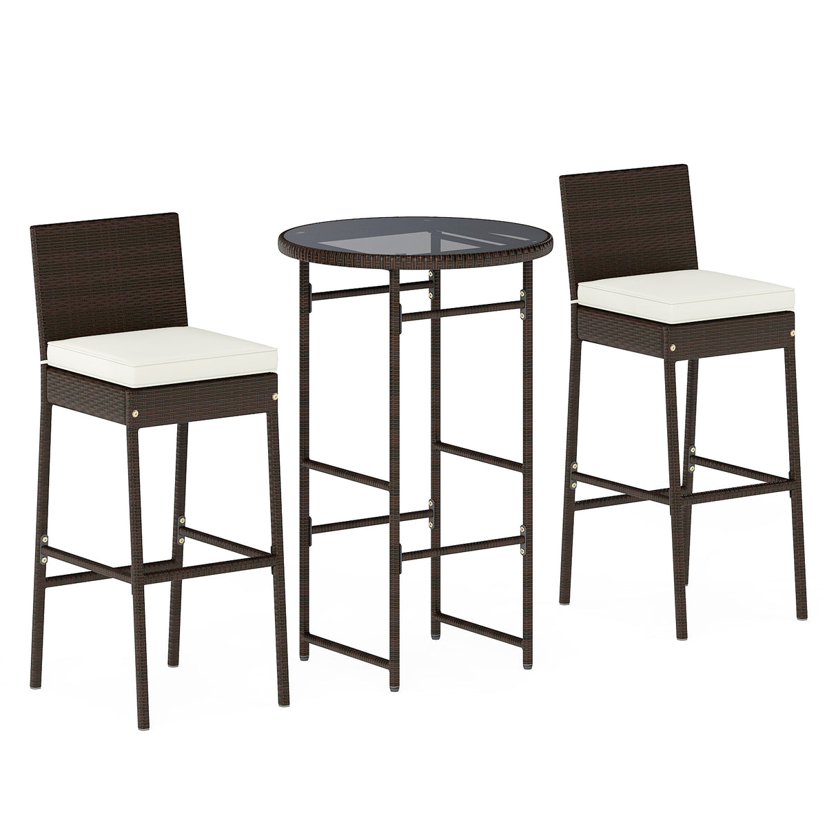 3 Piece PE Wicker Patio Bar Set with Stools – White