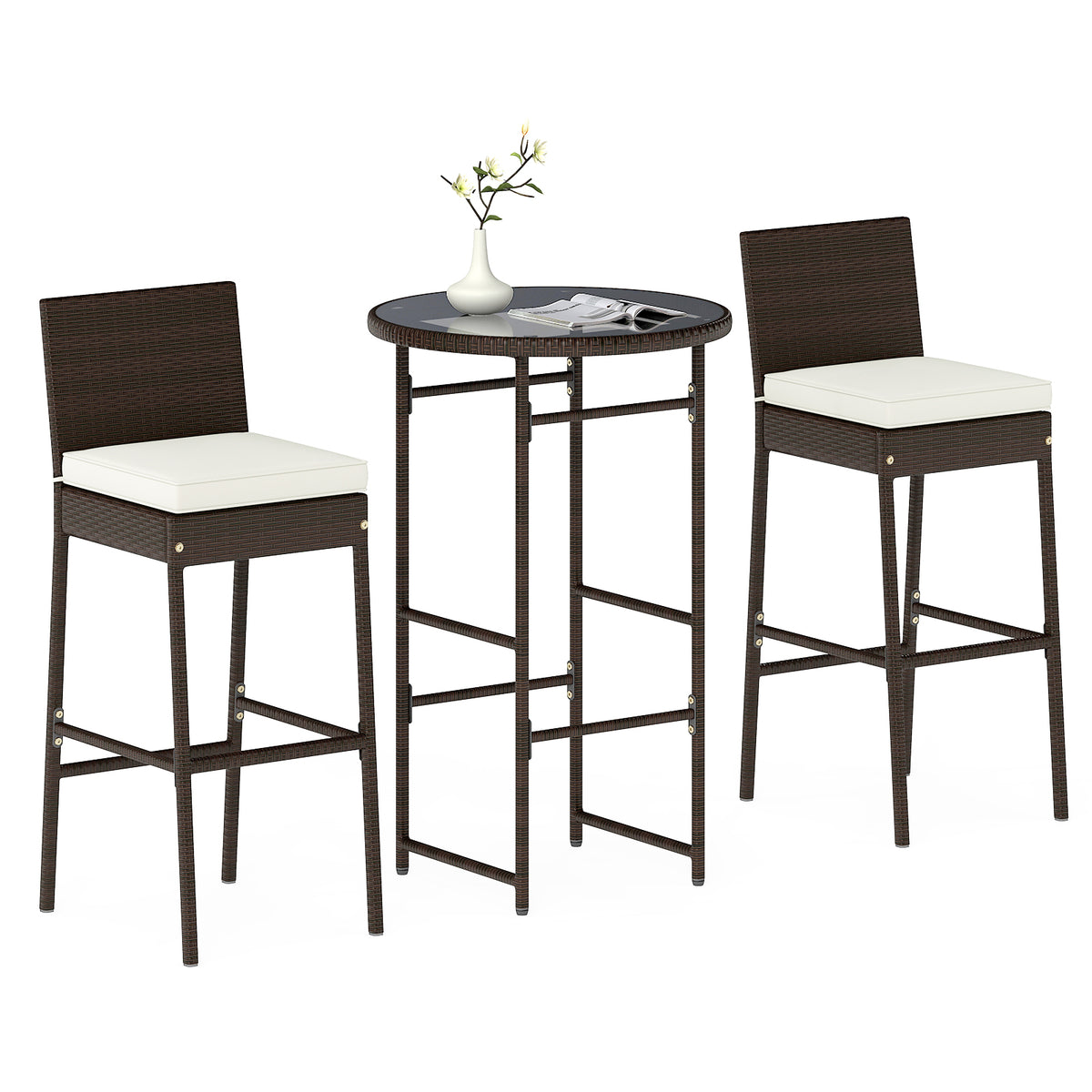 3 Piece PE Wicker Patio Bar Set with Stools – White