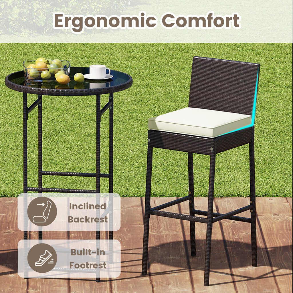 3 Piece PE Wicker Patio Bar Set with Stools – White