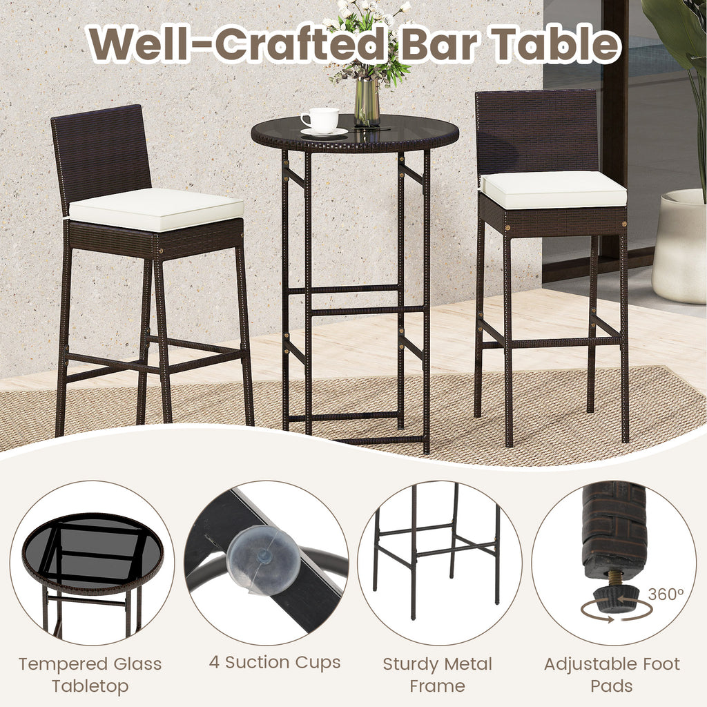 3 Piece PE Wicker Patio Bar Set with Stools – White