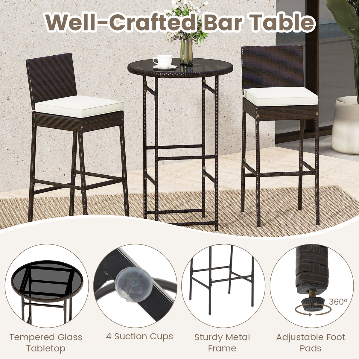 3 Piece PE Wicker Patio Bar Set with Stools – White