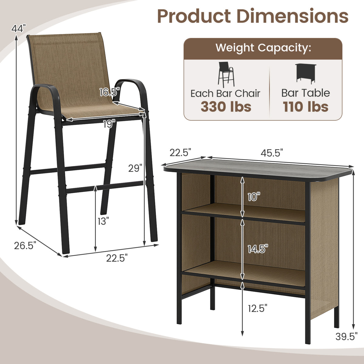 3 Piece Outdoor Bar Set with Footrest and 2-Tier Shelf