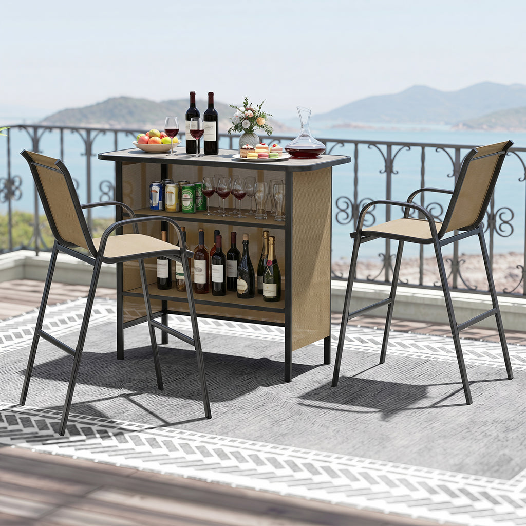 3 Piece Outdoor Bar Set with Footrest and 2-Tier Shelf
