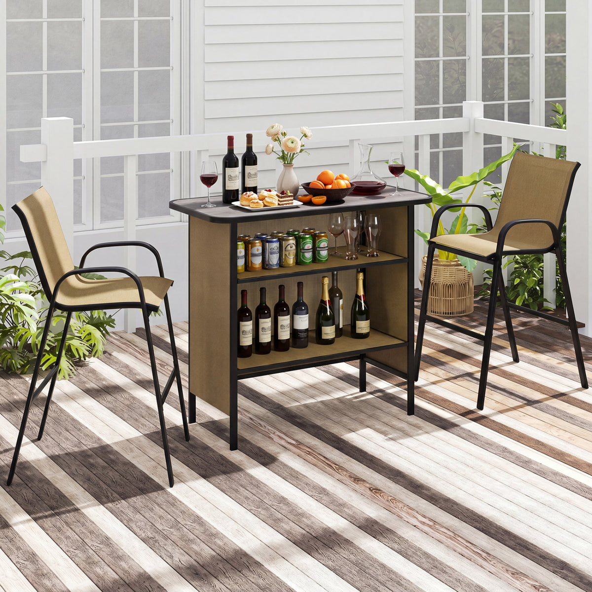 3 Piece Outdoor Bar Set with Footrest and 2-Tier Shelf