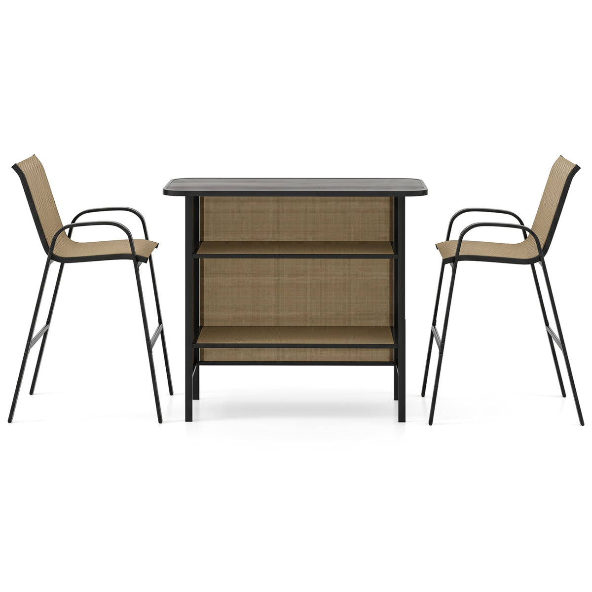3 Piece Outdoor Bar Set with Footrest and 2-Tier Shelf